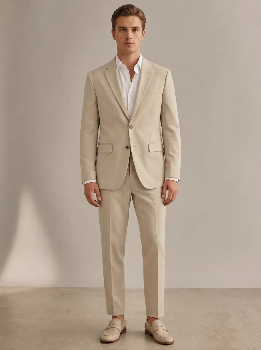 Men's Formal Business Casual Beige Linen Printed Suit Set