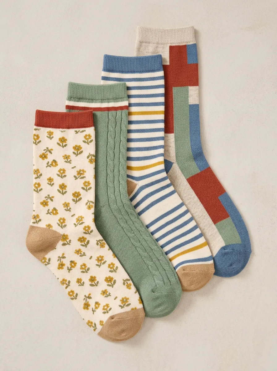 Easy-Wear Floral Striped Modern Look Women's Four Pair Socks