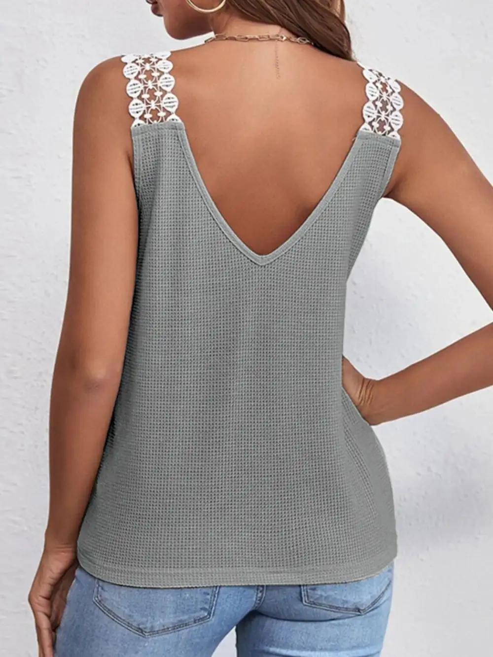 Full Size Lace Trim V Neck Waffle