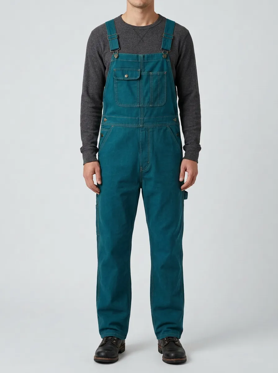 Men's Olive Green Adjustable-Strap Cotton Workwear Overalls