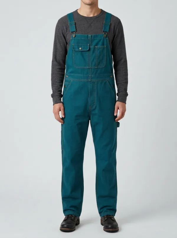 Men's Olive Green Adjustable-Strap Cotton Workwear Overalls