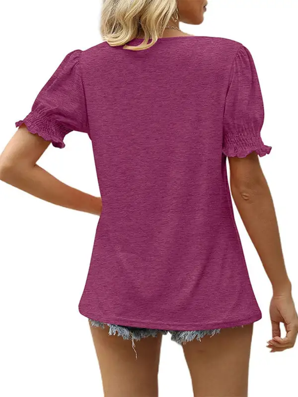 V-Neck Collared Short-Sleeve Puff-Sleeve T-Shirt