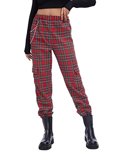 Women's Tartan Plaid Mid Waist Straight Pants