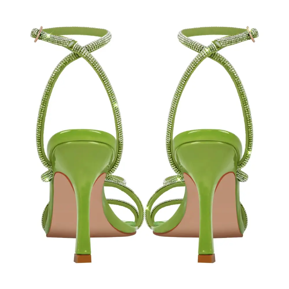 Square Toe Rhinestone Ankle Strap Stiletto Sandals