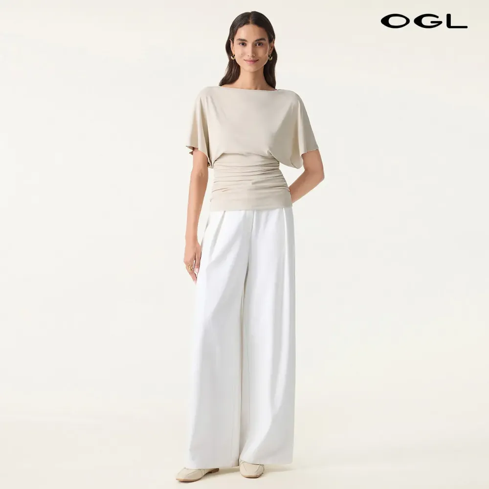 Effortless Boatneck Batwing Sleeve Side Ruched Top - Stylish & Comfortable Women's Fashion baju  kelawar  outfit SpringStatements