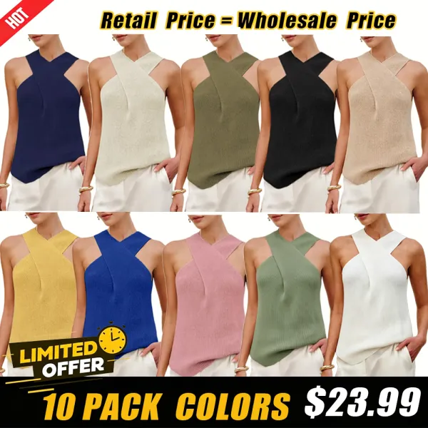 Tanming Women's Halter Cross Over Collar Tank Knit Sleeveless Camisole Top