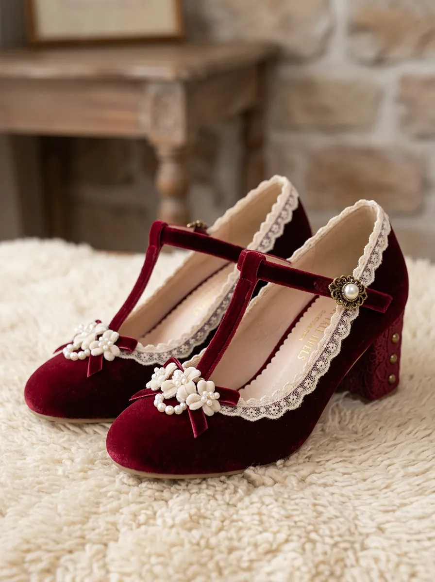 T-Strap Lace Pearl Velvet Women's Bavarian Occasion Heels