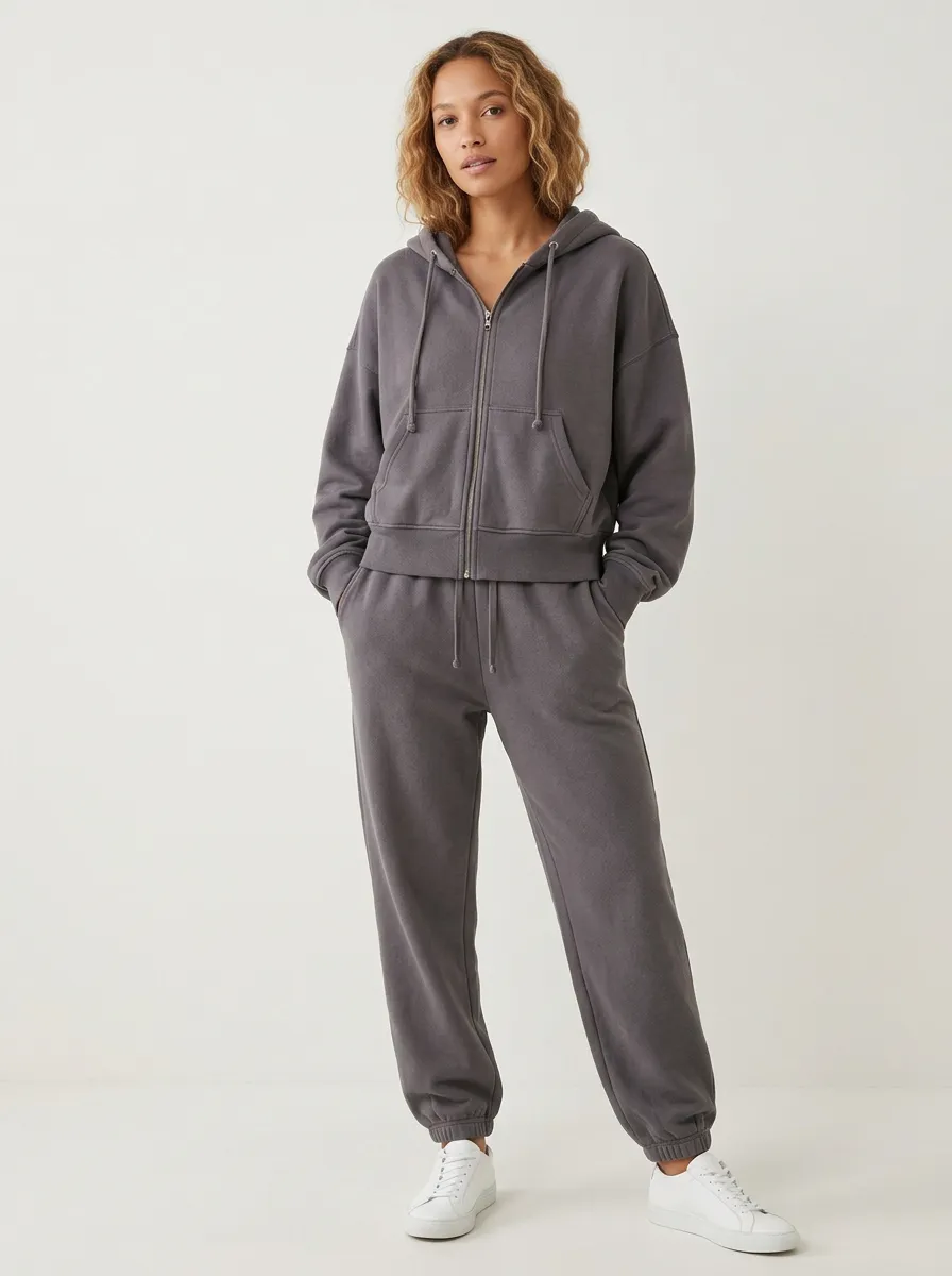 Women's Charcoal Relaxed Fit Zip-Up Hoodie Jacket & Jogger Set