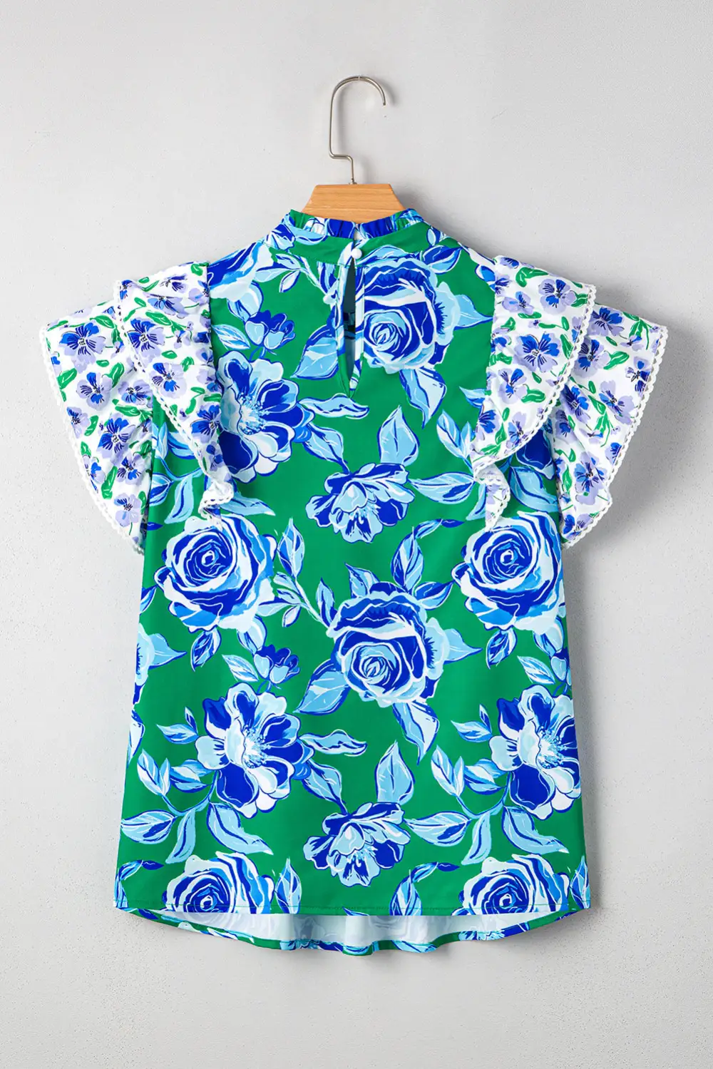 Green Floral Print Lace Trim Contrast Ruffle Sleeve Pleated Loose Blouse