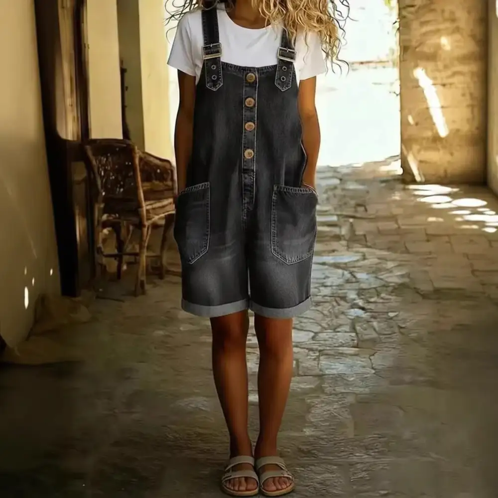 High-Waisted Denim Shorts Jumpsuit