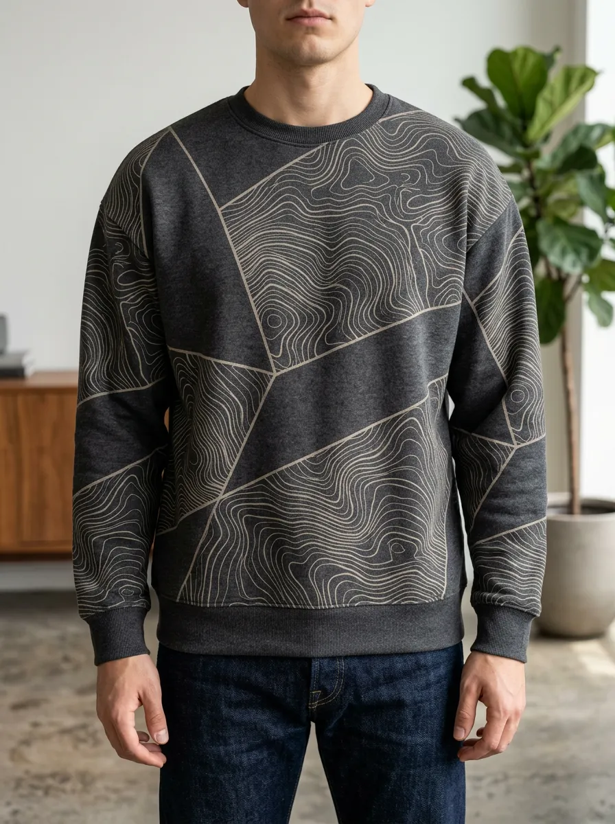 Men's Topographic Print Crewneck Sweatshirt Graphic