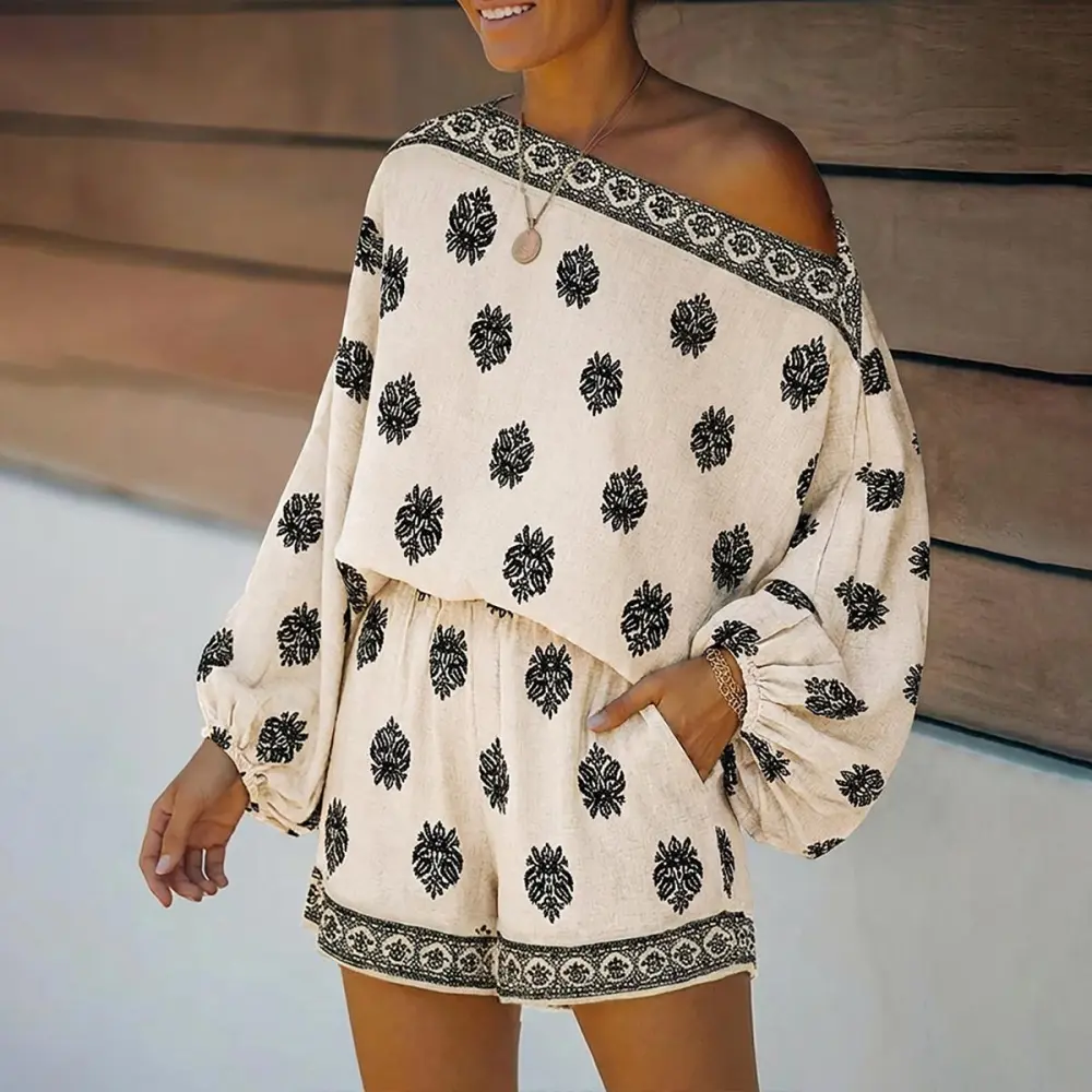 Women's 2 Pieces Outfit Boho Lantern Sleeve Linen Top and Shorts Set