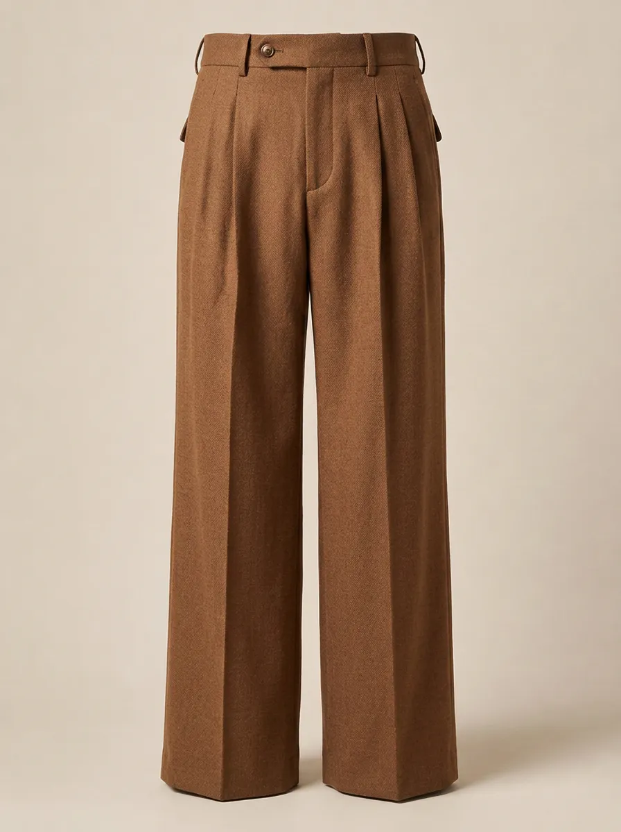 Men's Vintage Style Brown Pleated Wide Leg Trousers