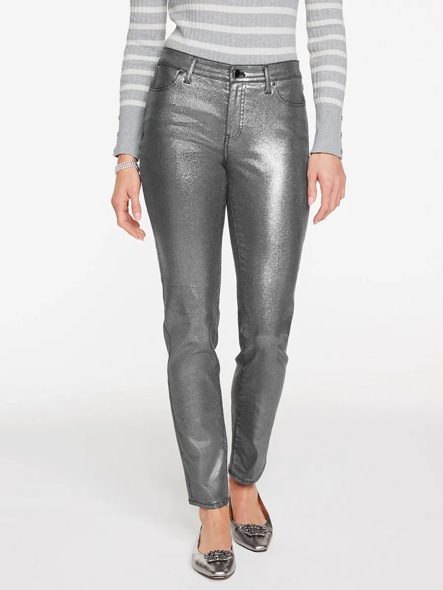 Women'S Silver-Gray Shiny Slim-Fit Cropped Pants