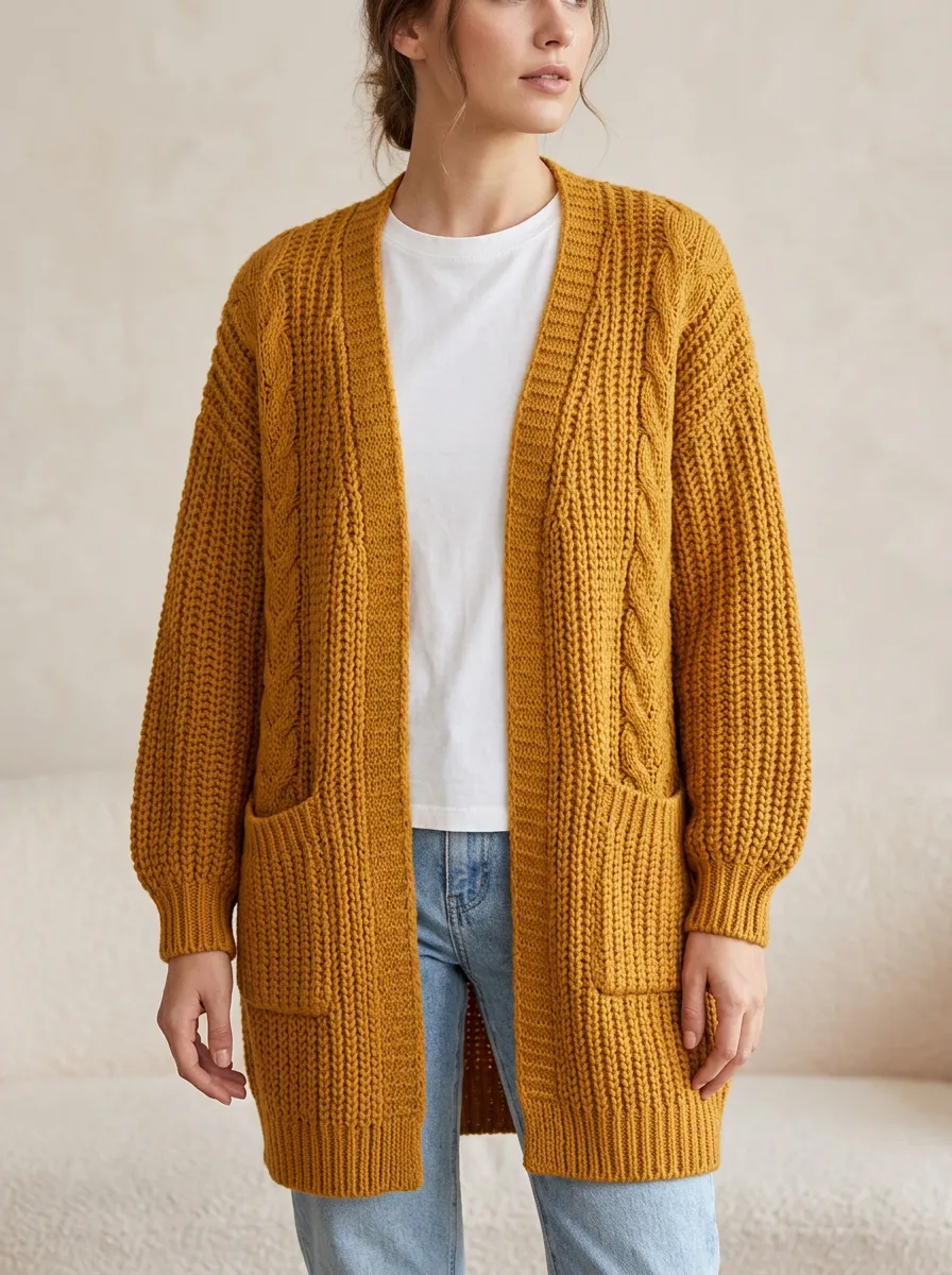 Women's Cable Knit Open-Front Vertical Cable-Knit Detailing Along Long Cardigan