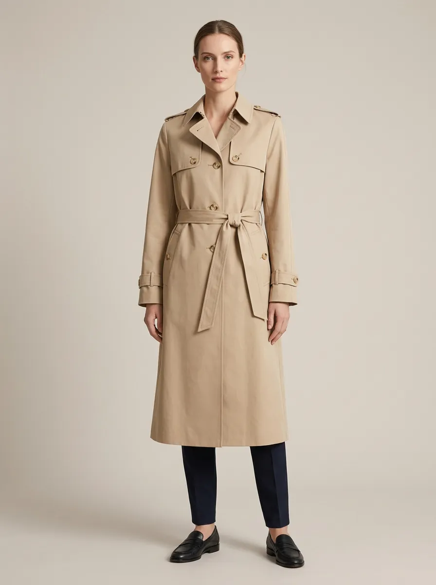 Women's Classic Winter Beige Belted Long Trench Coat