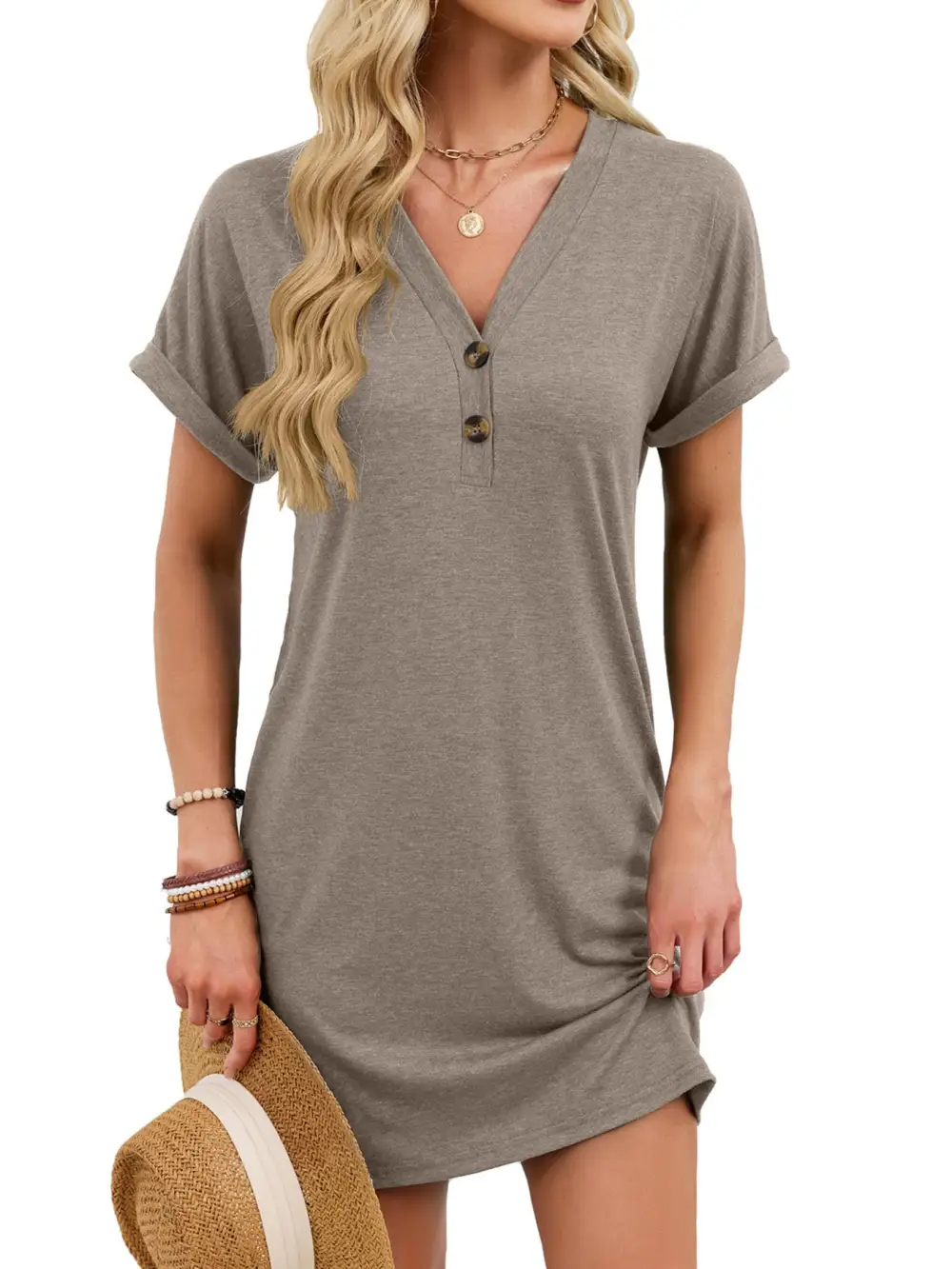 V Neck Short Sleeve Shirt Dress