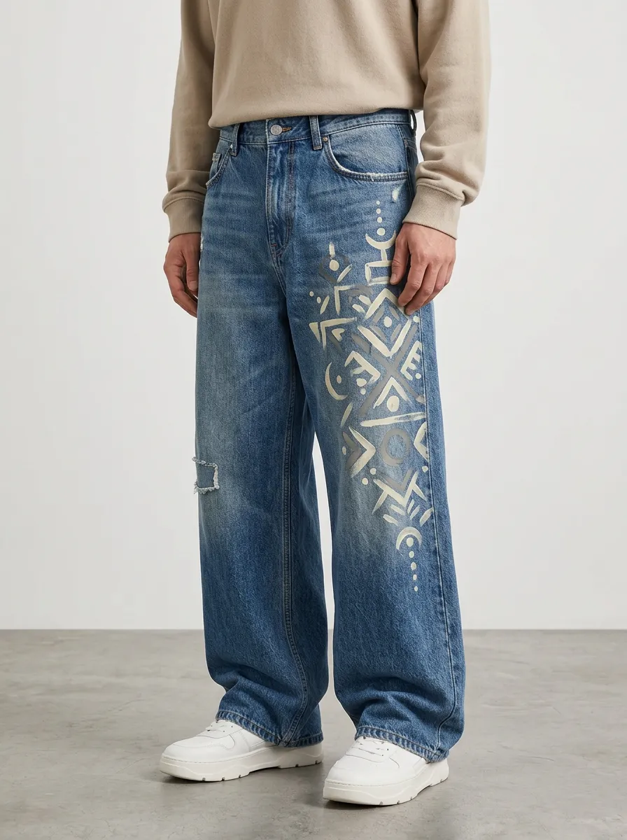 Wide Leg Geometric Graphic Men's Loose Fit Jeans