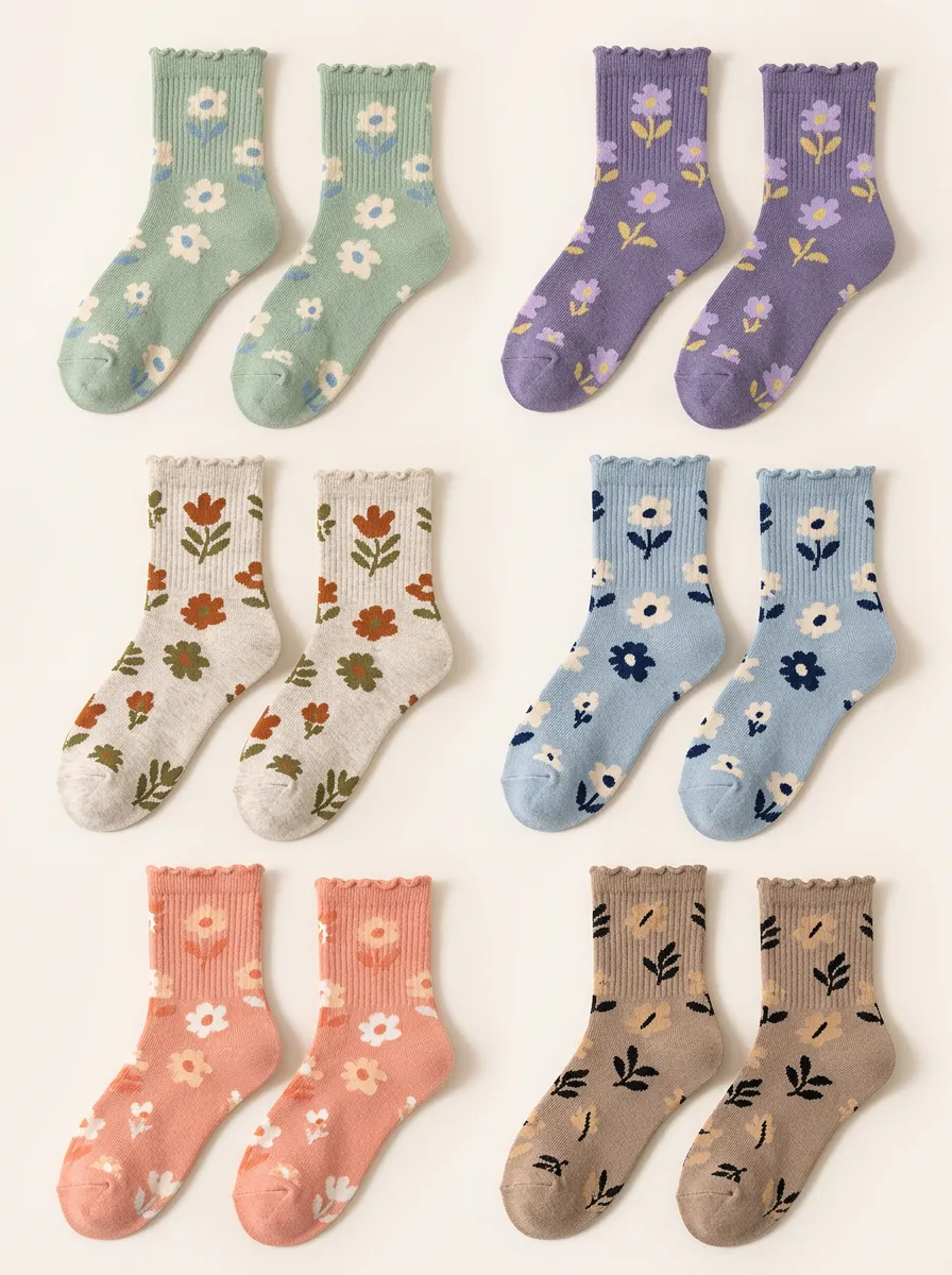 Women's Lettuce Edge Floral Crew Socks Six Pair Set