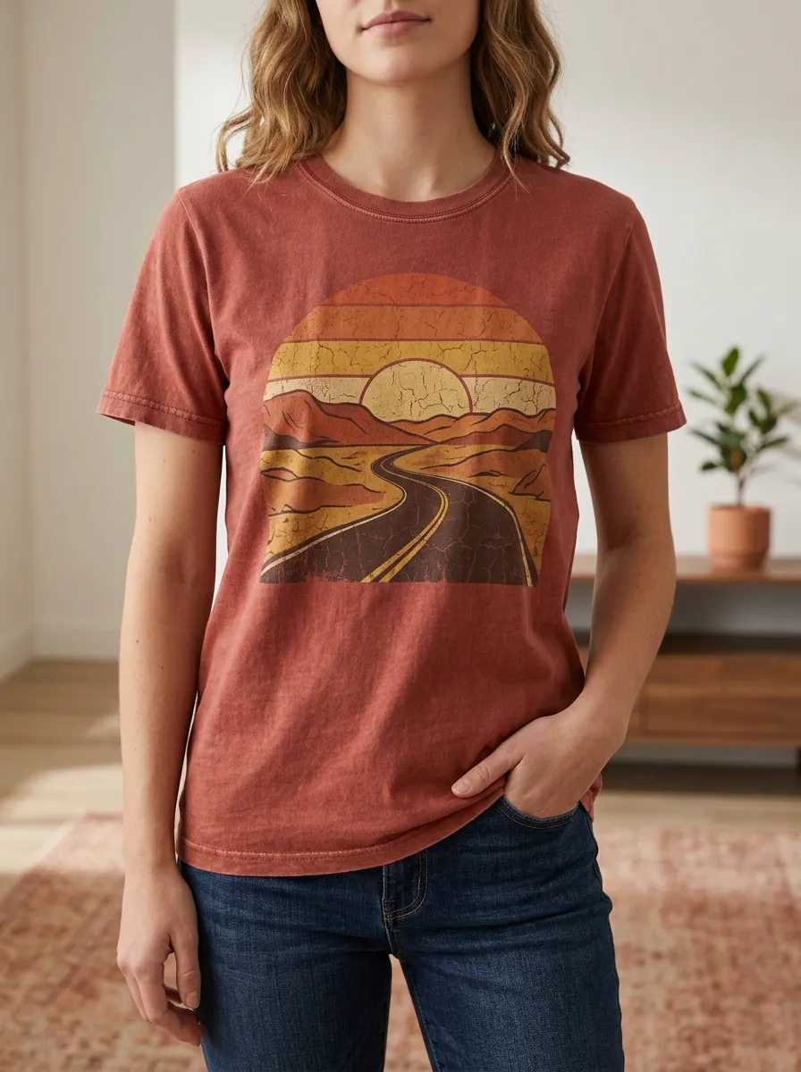 Women's Landscape Retro Desert Road Sunset Crew Neck T-Shirt