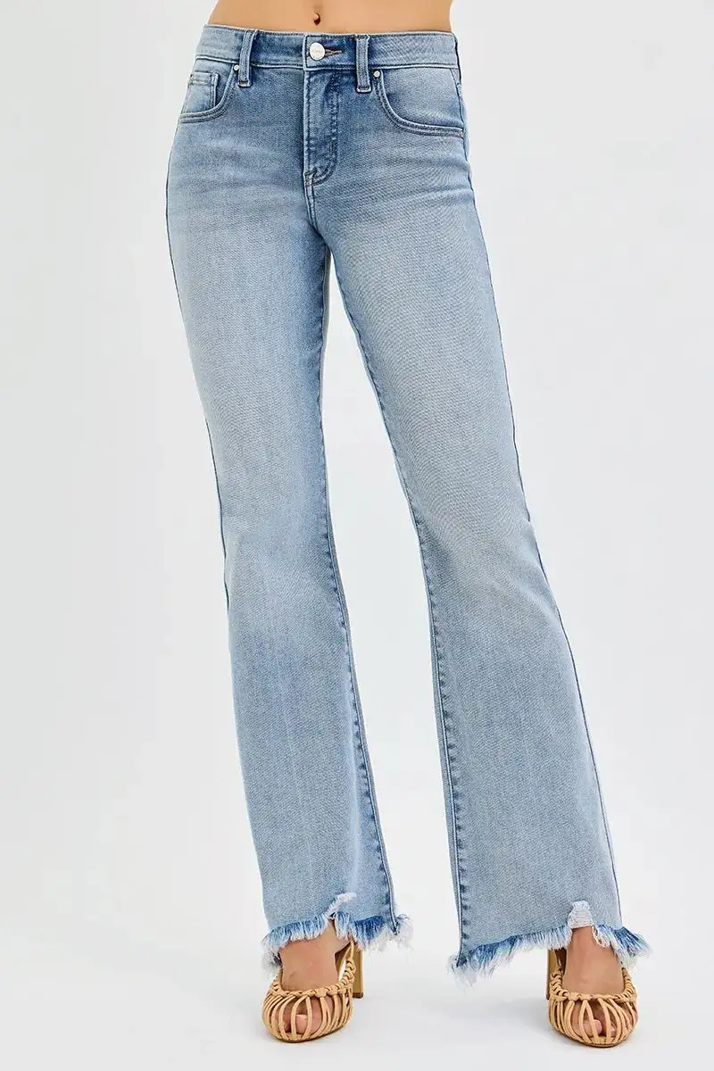 Mid Rise Frayed Flare Jeans