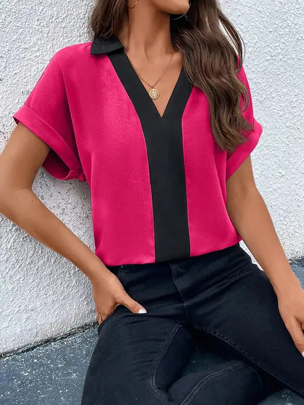 Relaxed Short Sleeve Contrast V-Neck T-Shirt