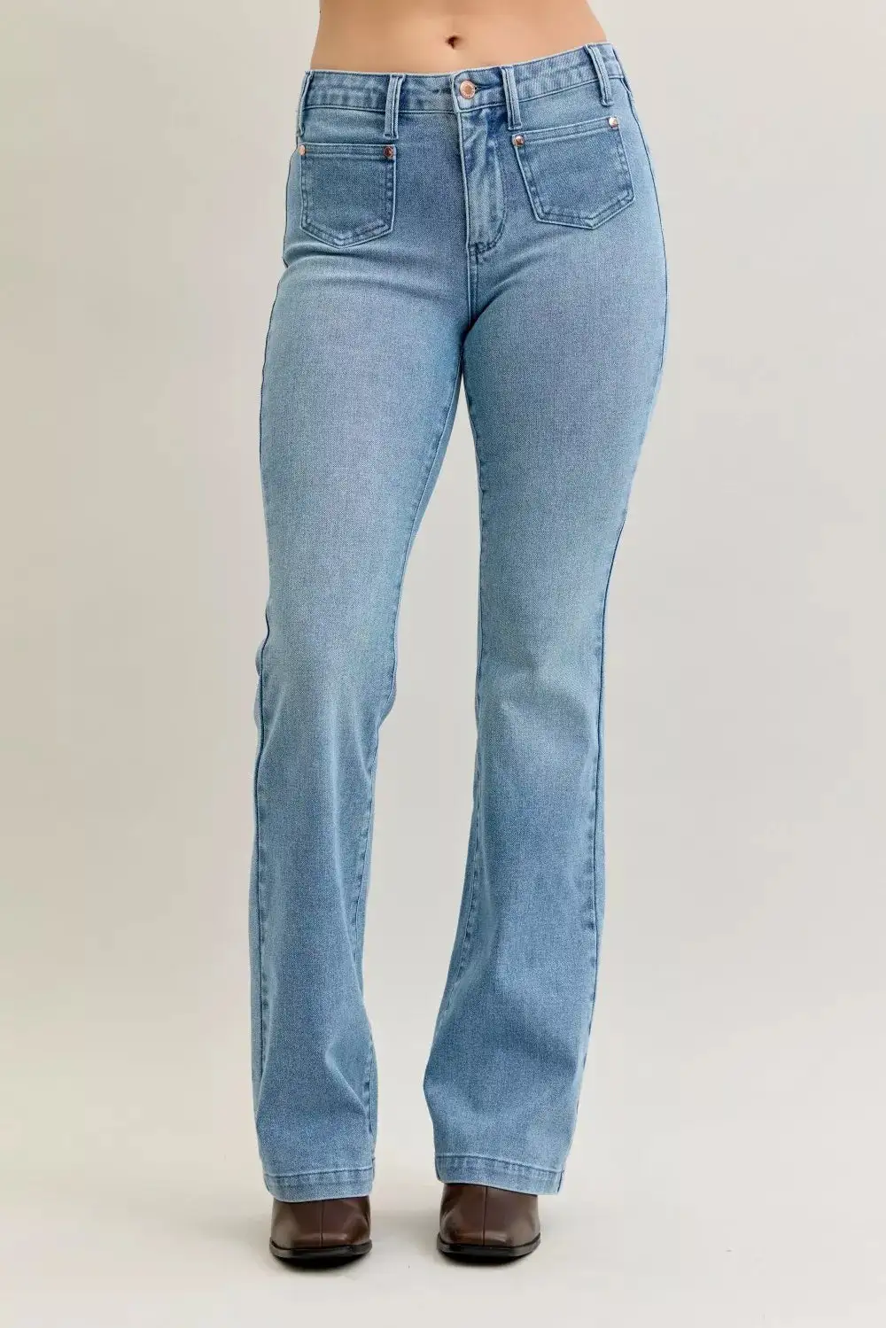 Tailored Mid Rise Flare Leg Pocketed Denim Jeans