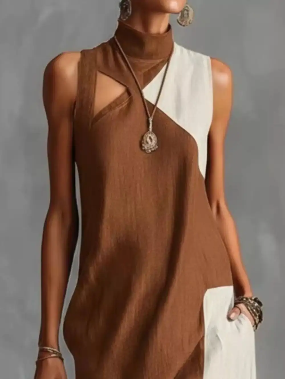 Color Block Mock Neck Sleeveless Maxi Dress