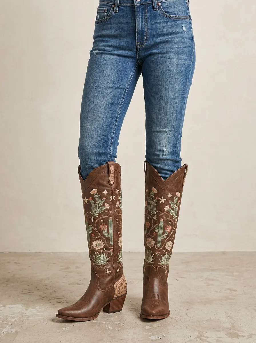 Women's Western Cactus Floral Star Embroidered Almond-Toe Block-Heel Denim Over-the-Knee Boots