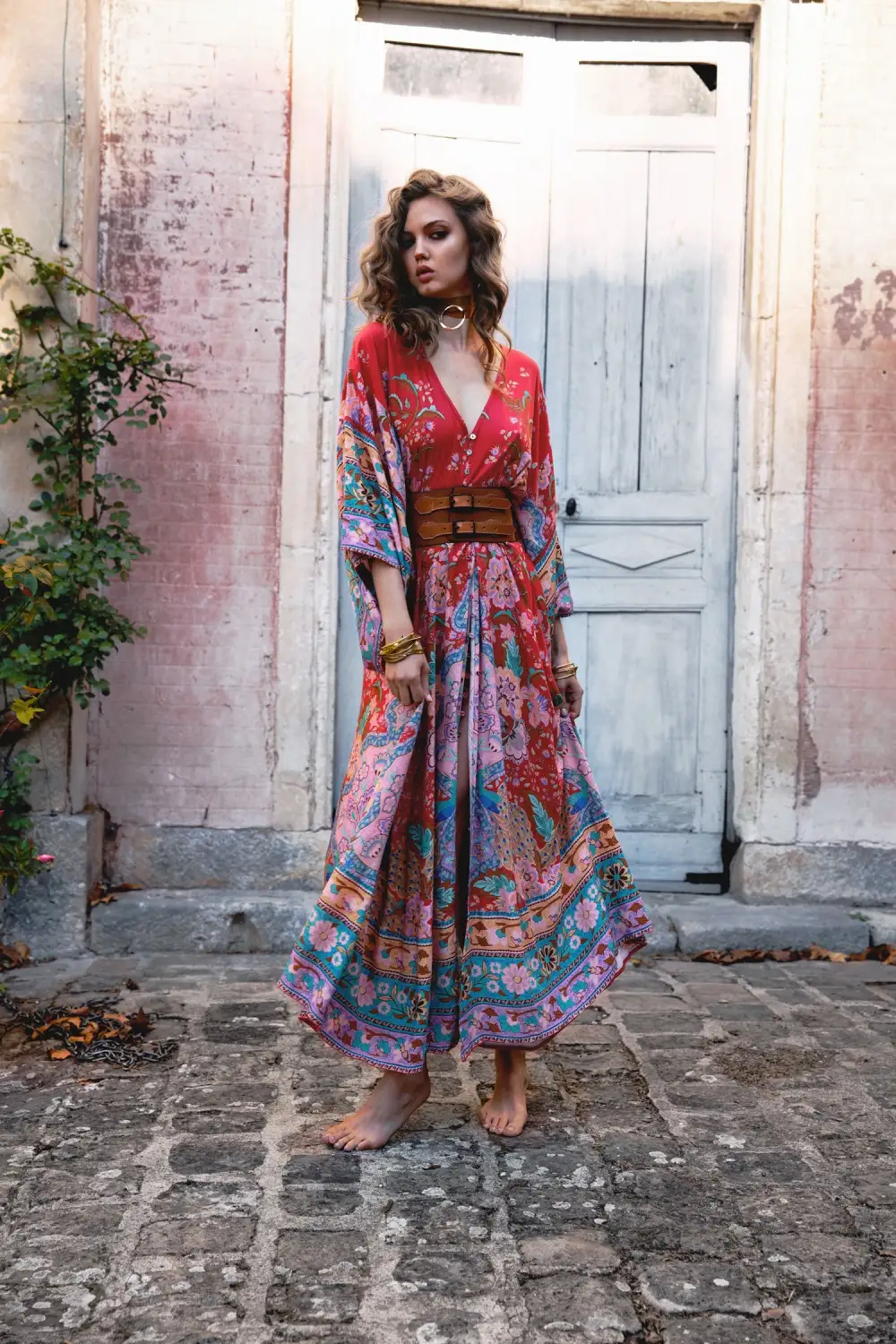 Bohemian Maxi Lotus Print V-Neck Long Dress