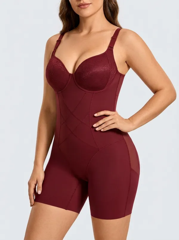 Women's Burgundy Lace Detail Tummy Control Printed Bodysuit Shapewear