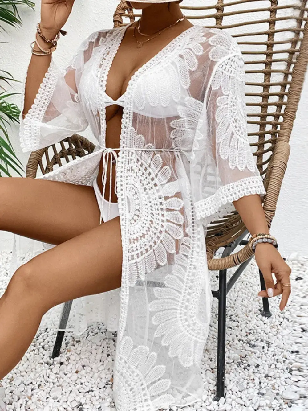 Lace Open Front Longline Swim Cover Up