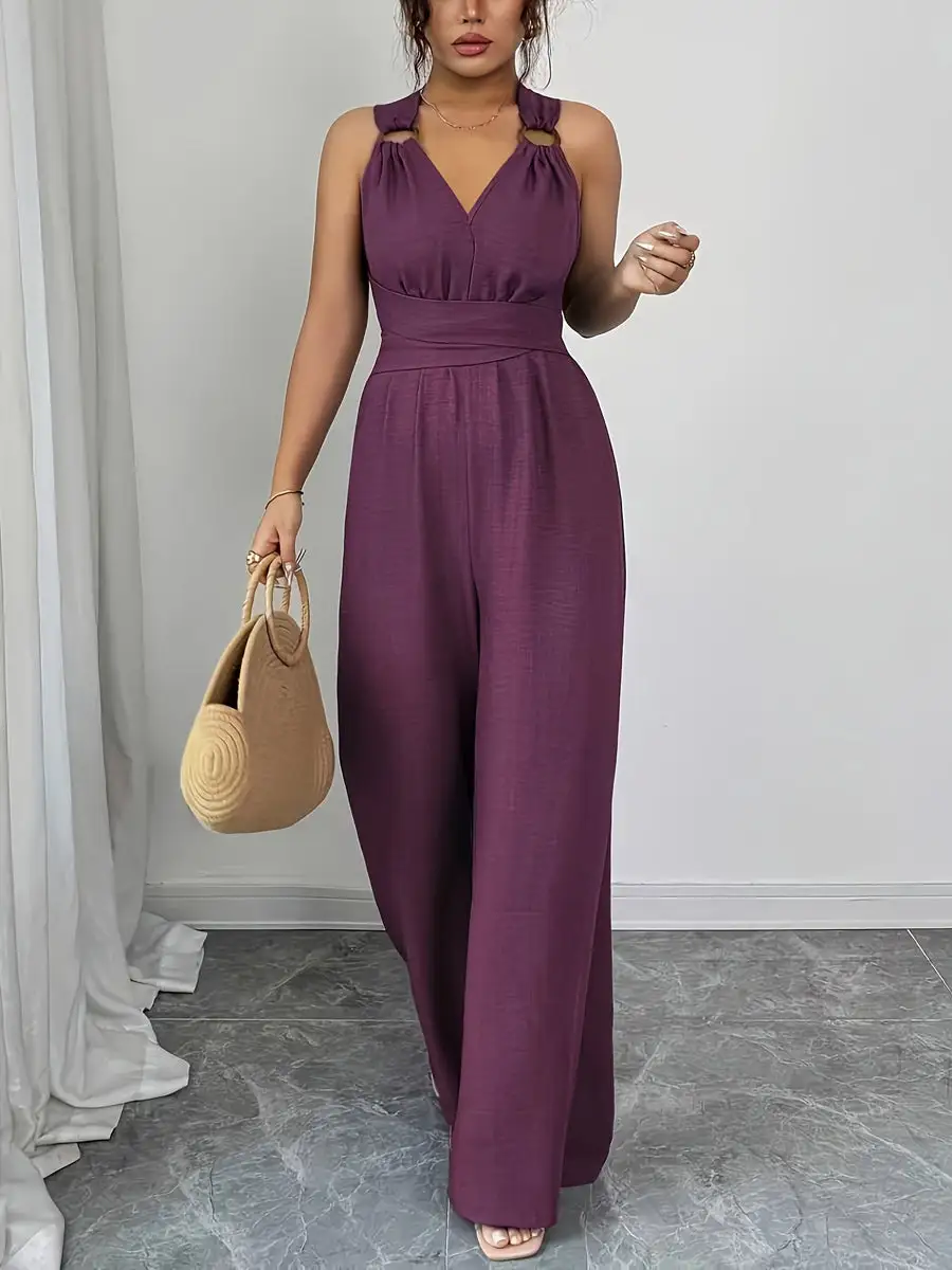Hoog Getailleerde Mouwloze Rugloze Effen Kleur Gebonden Jumpsuits