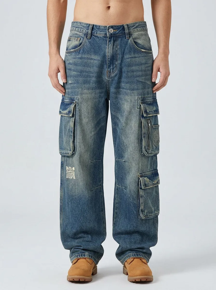 Men's Streetwear Geometric Graphic Printed Denim Cargo Pants