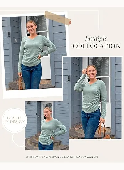 Womens Tops Casual V Neck Long Sleeve Shirts for Women Fashion Solid Ruched Basic Tunics Blouses