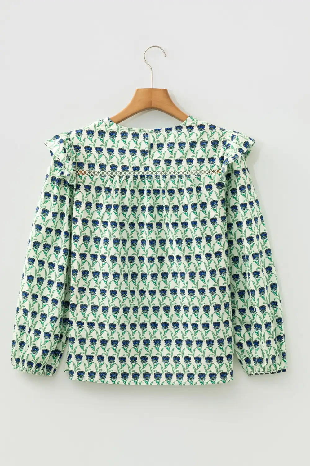 Green Floral Print Lace Detail Ruffle Trim Long Sleeve Blouse