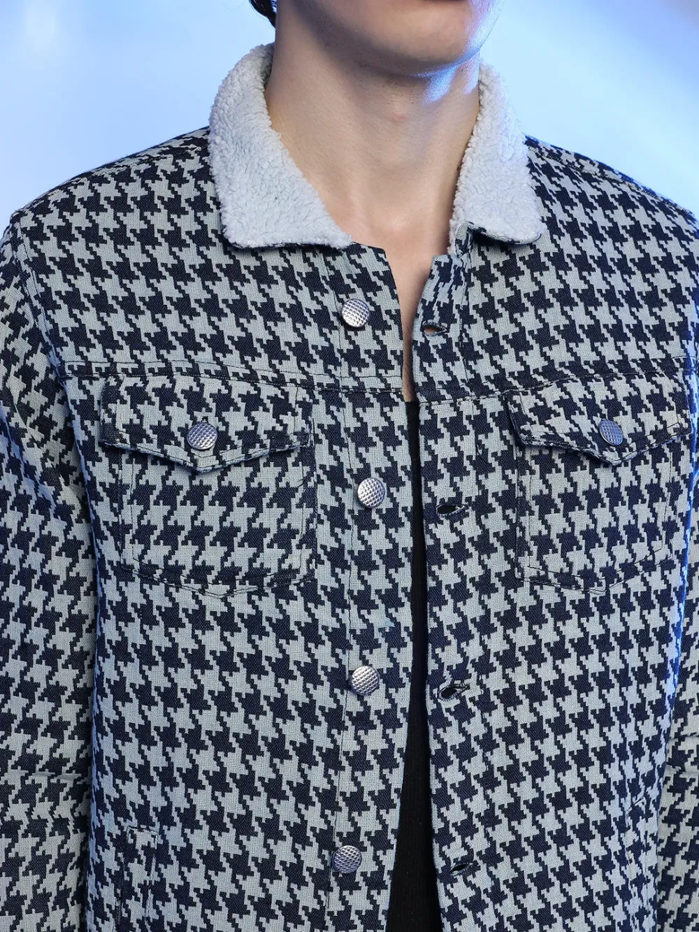 Houndstooth Pattern Sherpa Collar Jacket