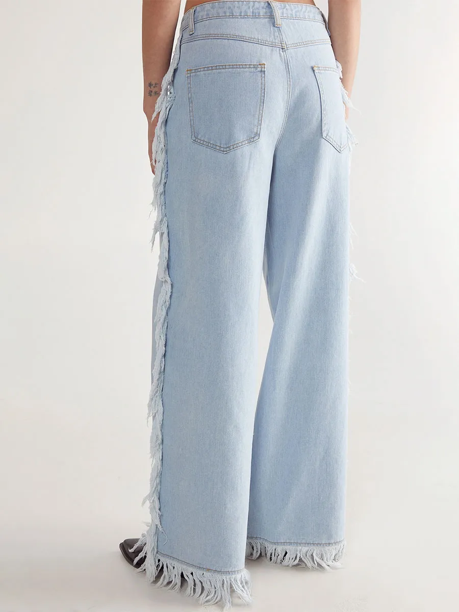 Women's Vintage-Style Fringe-Trim Wide-Leg Denim Pants