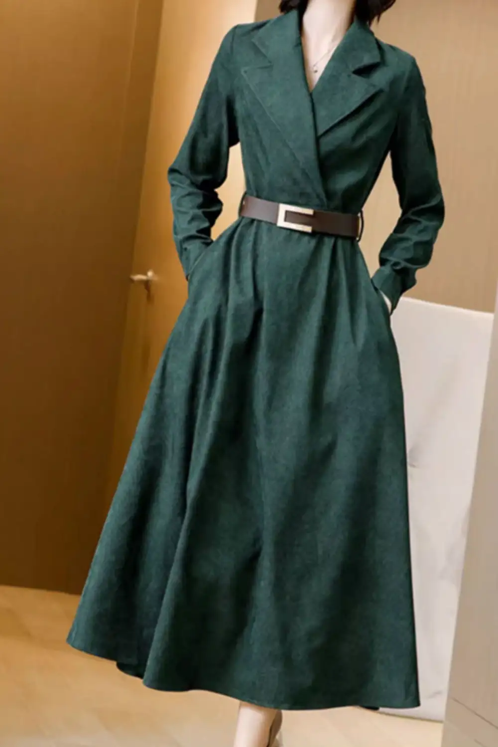Wool Blend Lapel Collar Long Sleeve Midi Dress