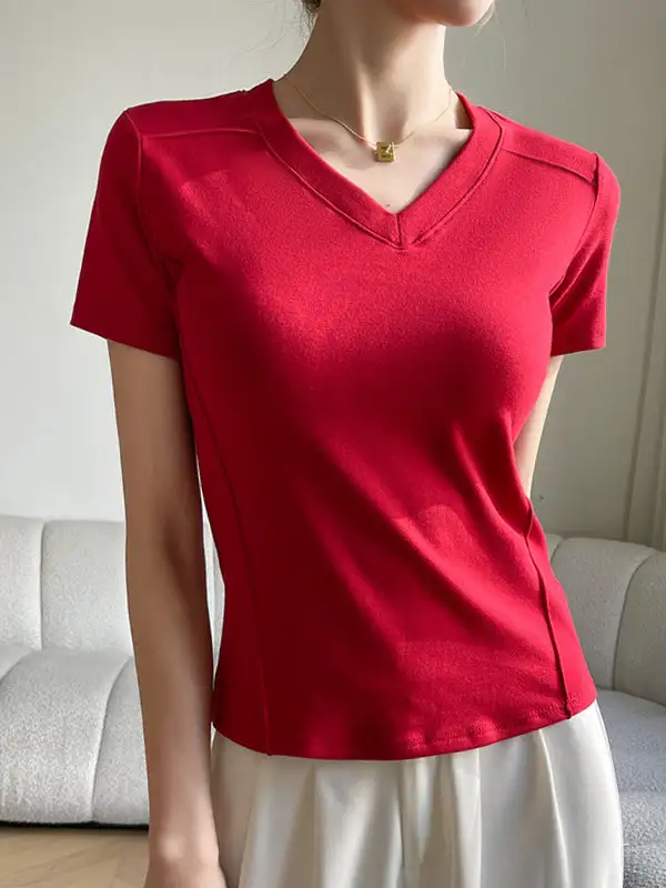 Short Sleeve Slim Fit Panel Detail V-Neck T-Shirt