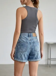 Women's Vintage High-Waisted Button-Fly Acid Wash Denim Shorts