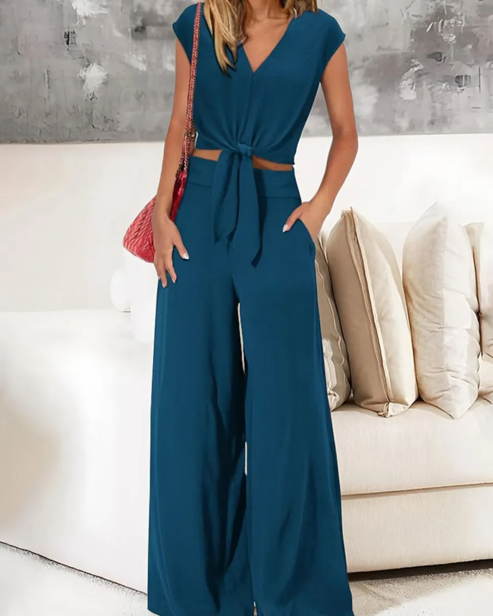 Belted V-Neck Crop Top and Wide-Leg Pants Two-Piece Set
