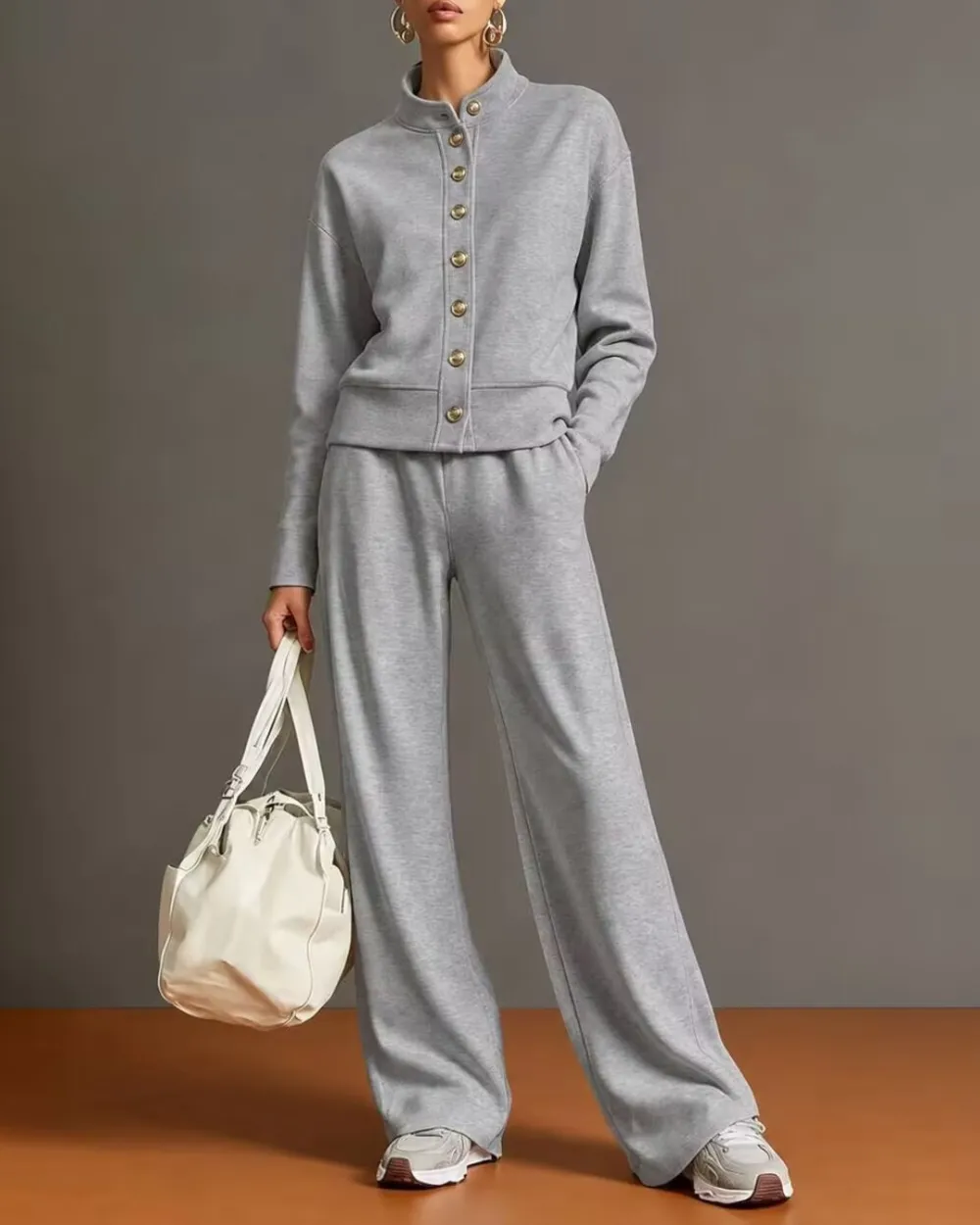 Button Cardigan and Wide-Leg Sweatpants Set