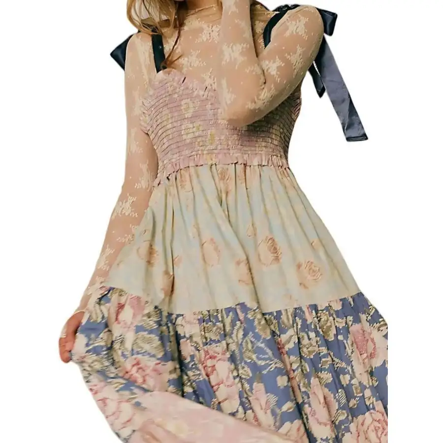 Smocked Tie Shoulder Printed Maxi Dress