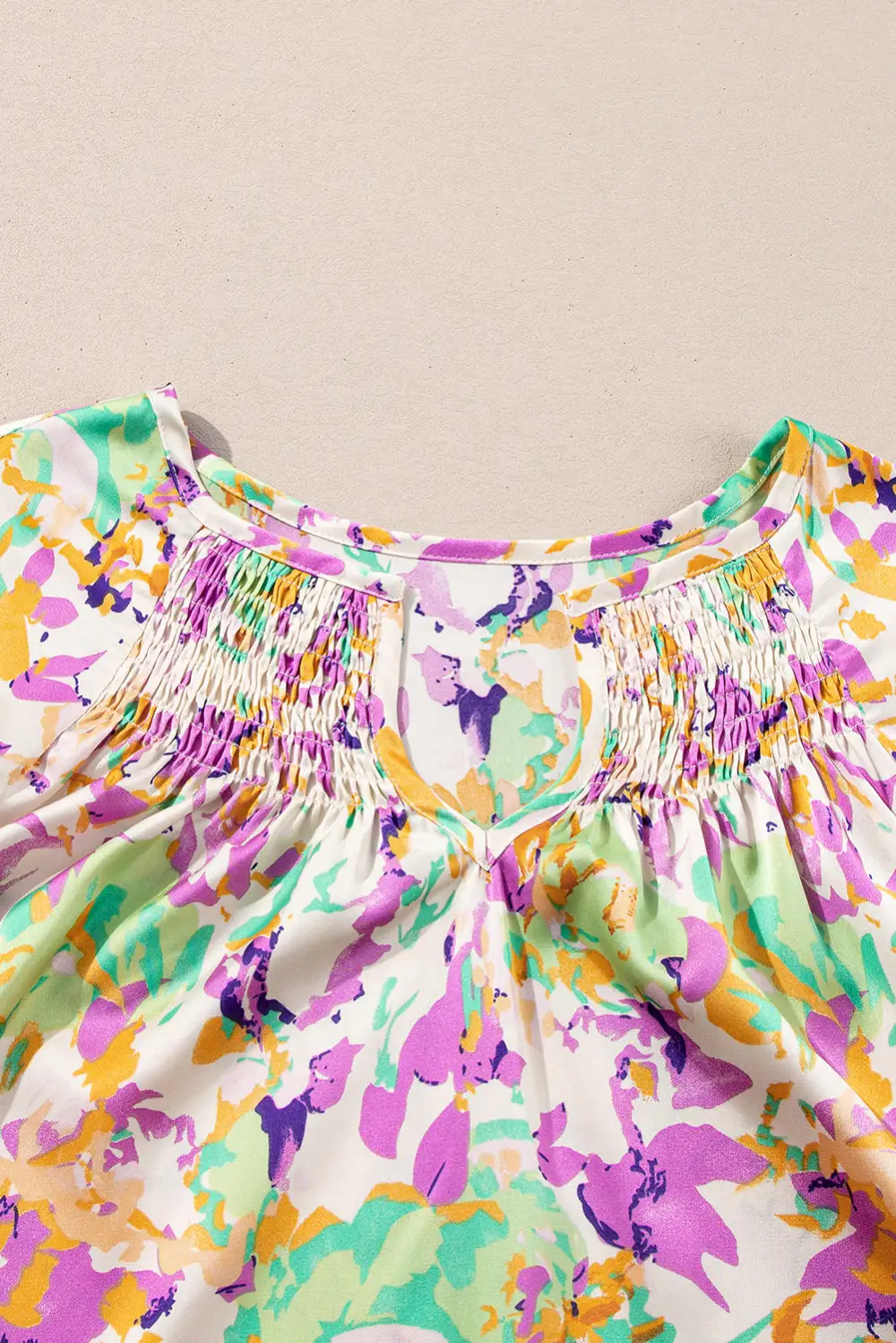 Abstract Print Ruffled Notched Neck Blouse