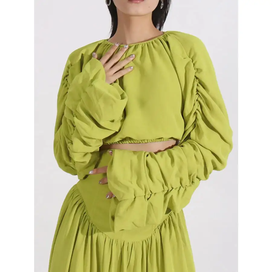 Ruched Long Sleeve Top and High Waist Skirt Set