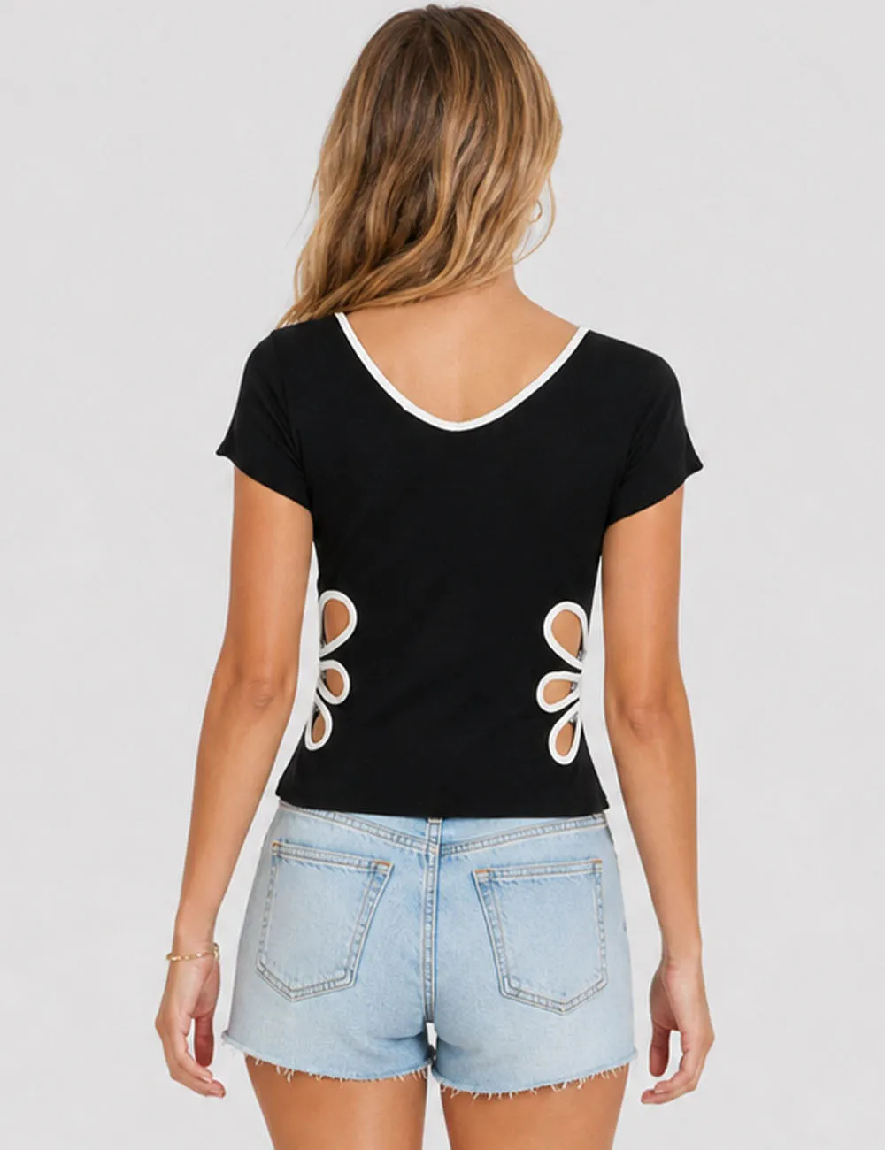 Color Block V Neck Side Cutout Short Sleeves T-shirt