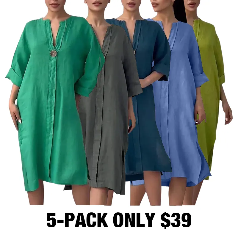 Women'S Solid Color Casual Cotton And Linen Dress-5-PACK