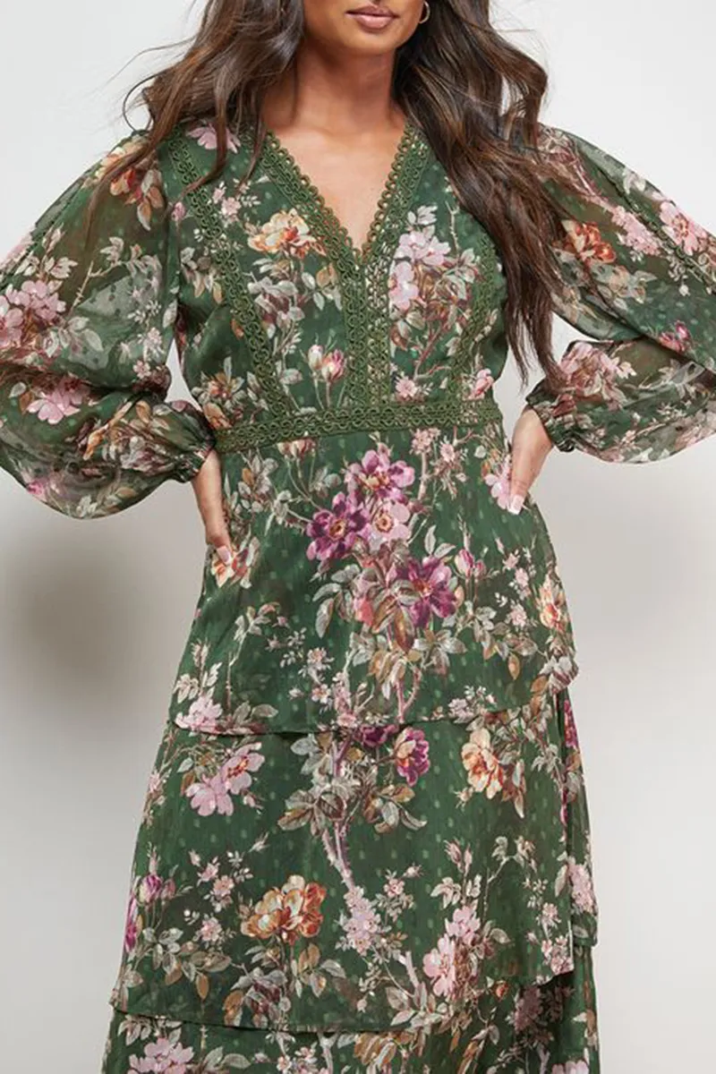 Casual Style V-neck Printed Lace Dress