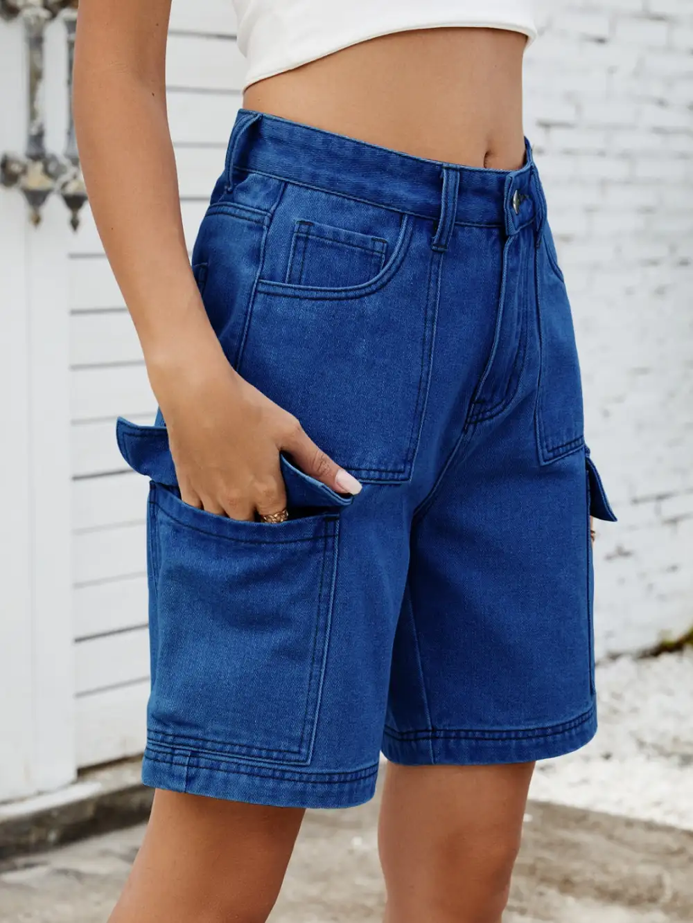 High Waist Denim Shorts with Cargo Pockets